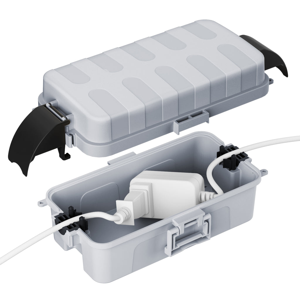 FLEMOON IP55 Outdoor Electrical Box Waterproof with Detachable Awning Covers, 8.3 x 4.1 x 3.7 inch Weatherproof Extension Cord Cover, Easy Installation for Outdoor Plug, Outlet, String Lights