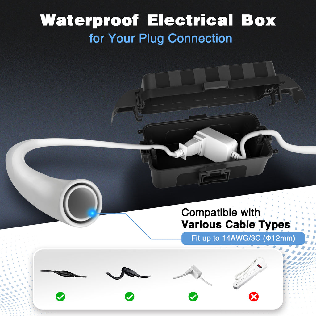 FLEMOON IP55 Outdoor Electrical Box Waterproof with Detachable Awning Covers, 8.3 x 4.1 x 3.7 inch Weatherproof Extension Cord Cover, Easy Installation for Outdoor Plug, Outlet, String Lights
