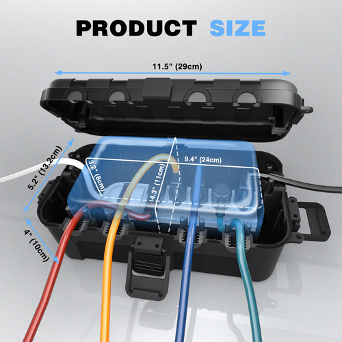 Flemoon Medium Outdoor Electrical Box (11.5x5.2x4 inch), IP54 Waterproof Extension Cord Cover w/6 Cable Entry Ports, Weatherproof Connection Box for Power Strip, Timer, Plug, Holiday Lights